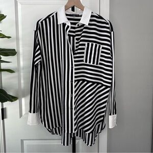 Karl Lagerfeld Black White Striped Button Down Shirt Mixed Stripe Size M